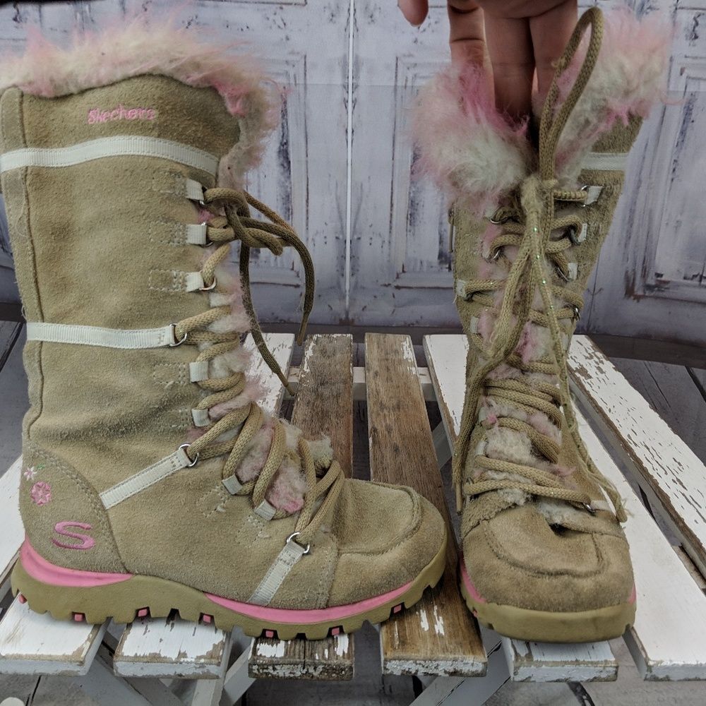 skechers girl pink faux fur winter snow warm boots